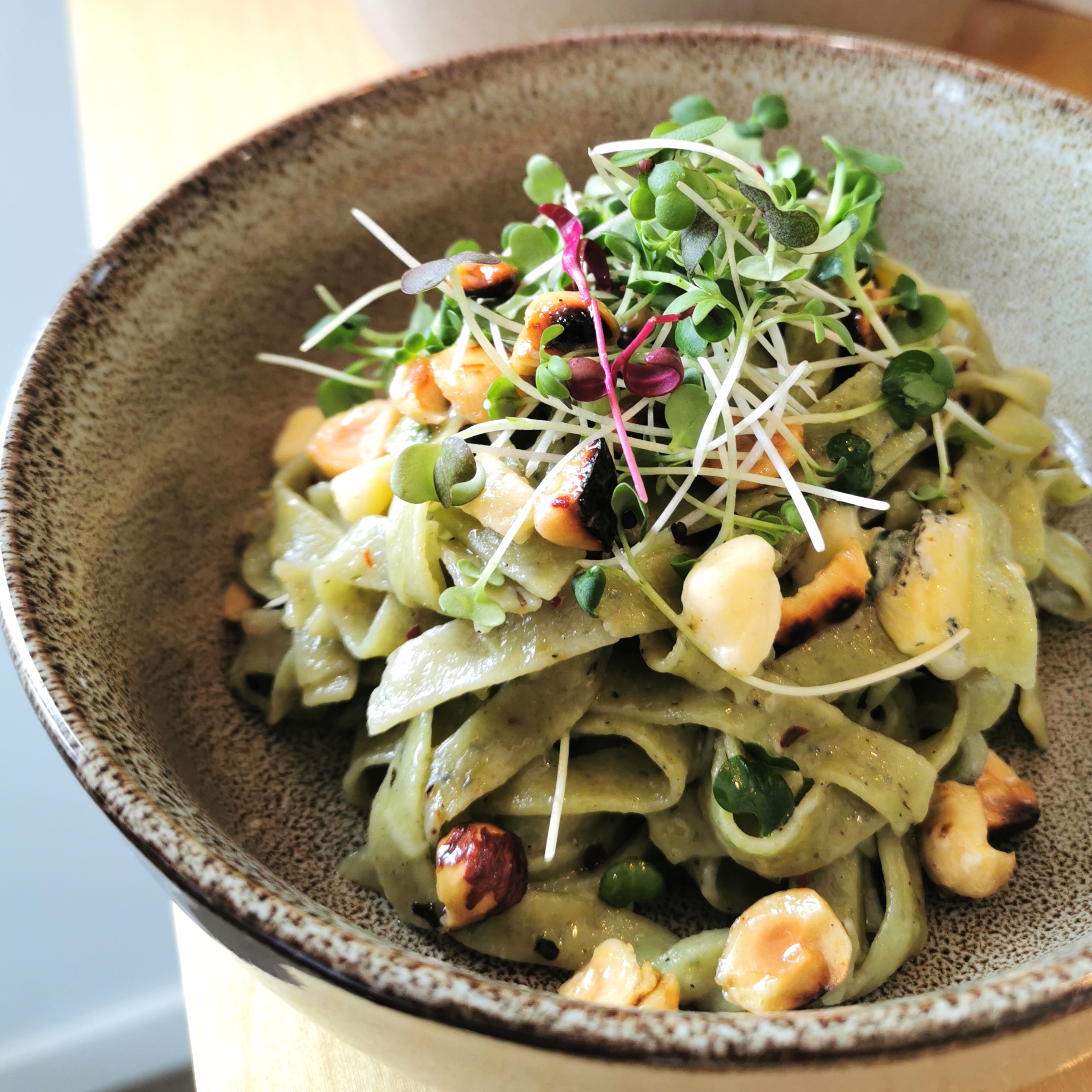 Garlic and Herb Pasta with Blue Cheese and Hazelnuts
