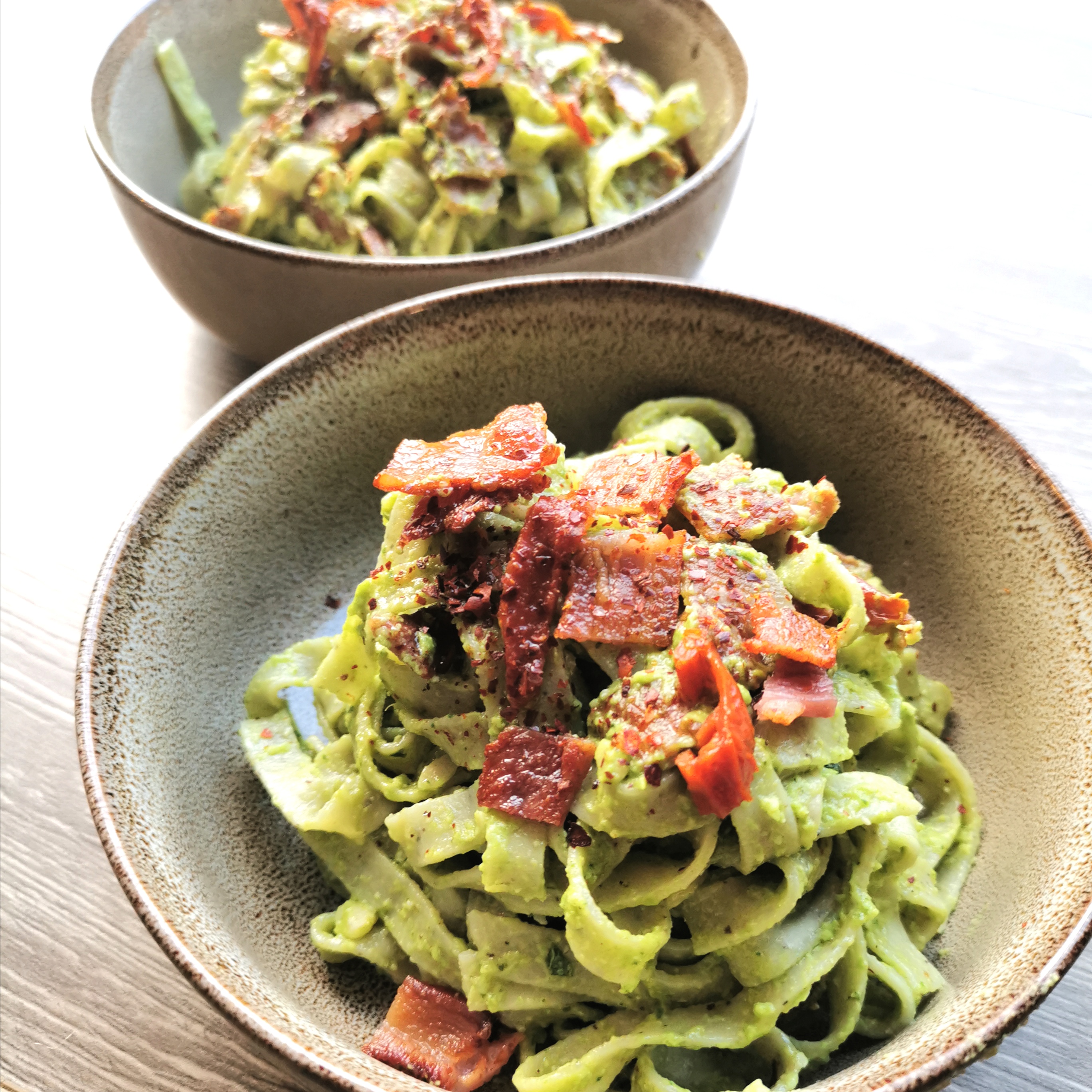 Pea Pesto Pasta with Crispy Bacon